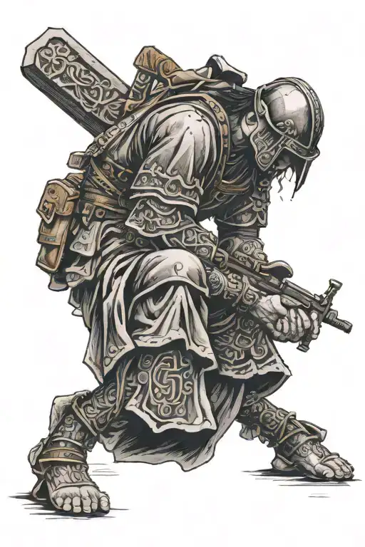 Roman soldier kneeling at the cross of jesus tattoo design idea