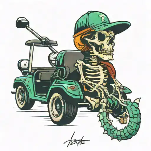 golf cart and crocodile skeleton inside tattoo design idea
