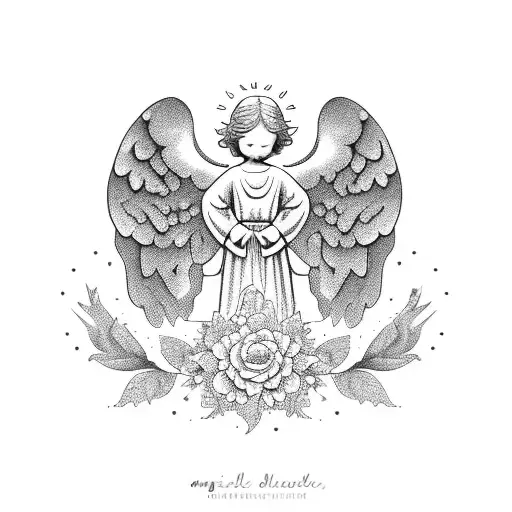 Angel statue with flowers tattoo design idea