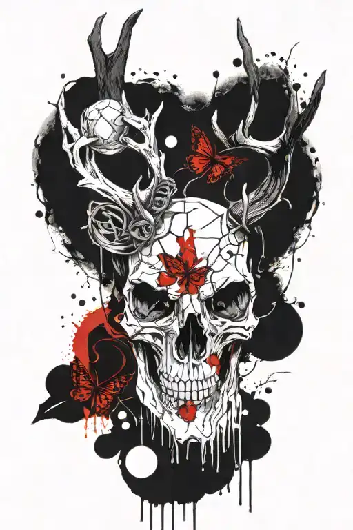 skull of a deer skull with antlers, with moon and butterfly on top  tattoo design idea