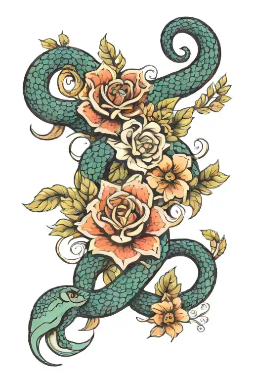 flowers and snake intertwined tattoo design idea