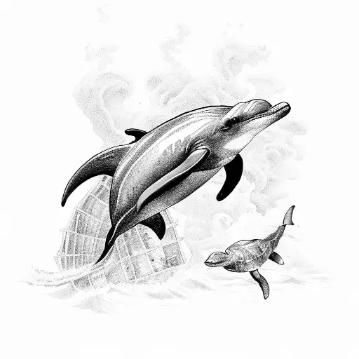 Dolphin, sea turtle, shipwreck tattoo design idea