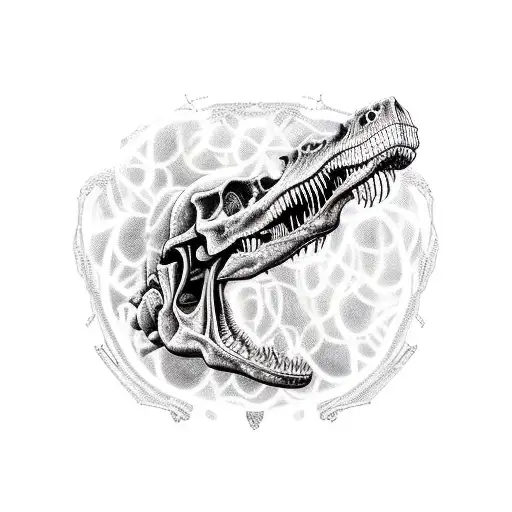 A dinosaur skeleton with cybernetic enhancements and neon lights tattoo design idea