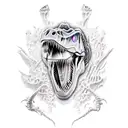 A dinosaur skeleton with cybernetic enhancements and neon lights tattoo design idea