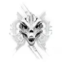 A dinosaur skeleton with cybernetic enhancements and neon lights tattoo design idea