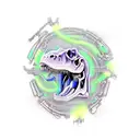 A dinosaur skeleton with cybernetic enhancements and neon lights tattoo design idea