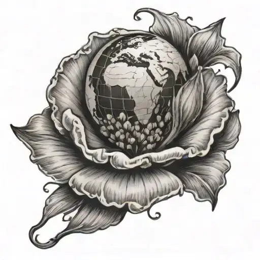 WORLD GLOBE INSIDE A POPPY FLOWER BUD  tattoo design idea