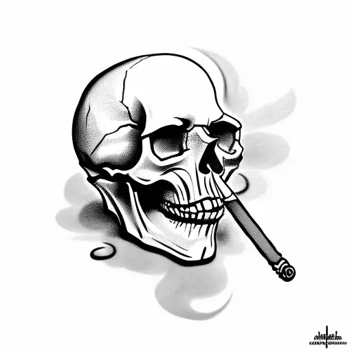 skull with cigarette in it's mouth, smoke tattoo design idea