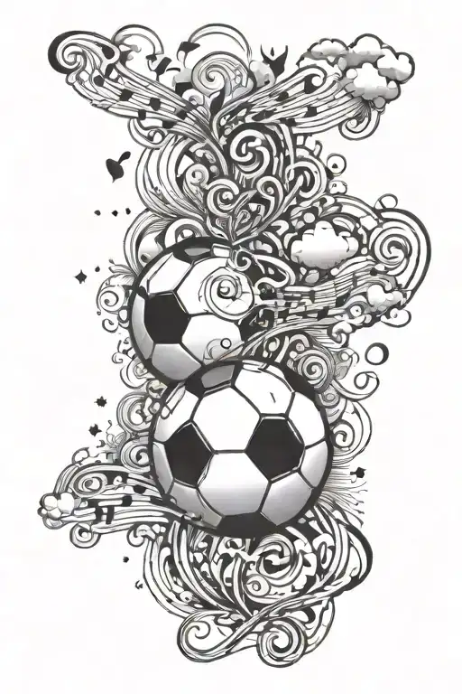 A tattoo design of a soccer ball morphing into a music note with clouds and sky elements to symbolize your love for soccer and music tattoo design idea