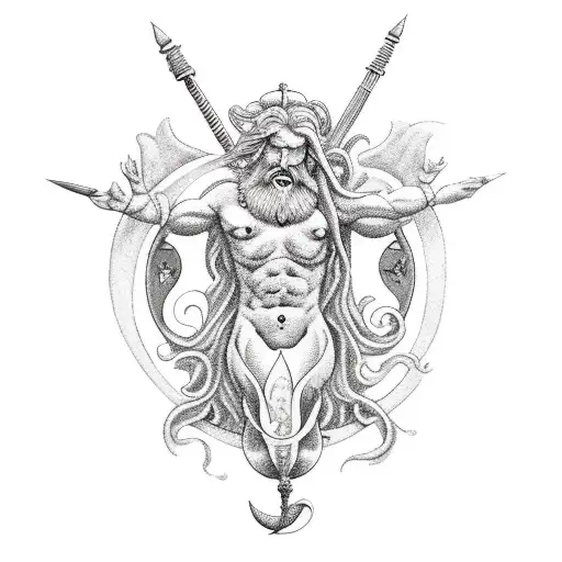 A black-grey tattoo of neptune with a trident and a mermaid  tattoo design idea