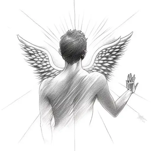 back tattoo. one side an angel reaching to a sad person, on the other a demon reaching to a happy person tattoo design idea