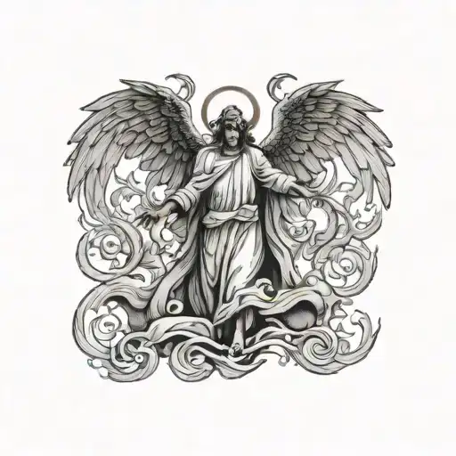 back tatto with 3 figures. An angel  disguised as a demon on the left reaching out to a desperate person in the middle,  tattoo design idea