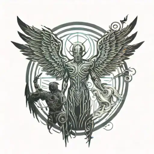 back tatto with 3 figures. An angel  disguised as a demon on the left reaching out to a desperate person in the middle,  tattoo design idea