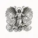 back tatto with 3 figures. An angel  disguised as a demon on the left reaching out to a desperate person in the middle,  tattoo design idea