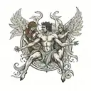 back tatto with 3 figures. An angel  disguised as a demon on the left reaching out to a desperate person in the middle,  tattoo design idea