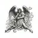 back tatto with 3 figures. An angel  disguised as a demon on the left reaching out to a desperate person in the middle,  tattoo design idea