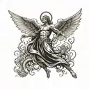 back tatto with 3 figures. An angel  disguised as a demon on the left reaching out to a desperate person in the middle,  tattoo design idea