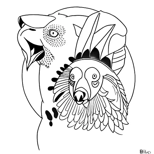 A minimalist tattoo design of a blue heeler and a severe macaw together, symbolizing the bond between your pets tattoo design idea