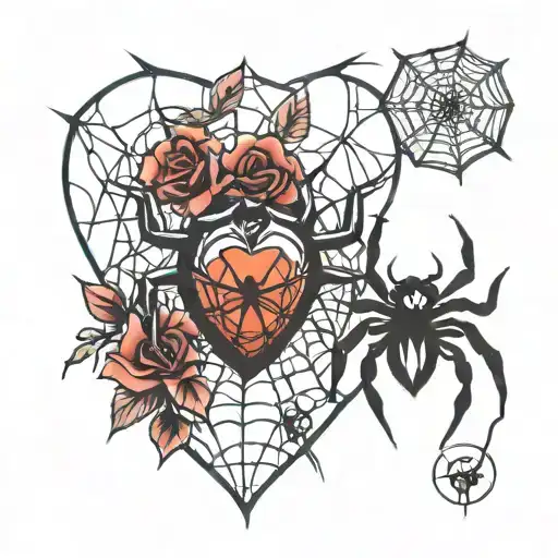 spider and web heart shaped tattoo design idea