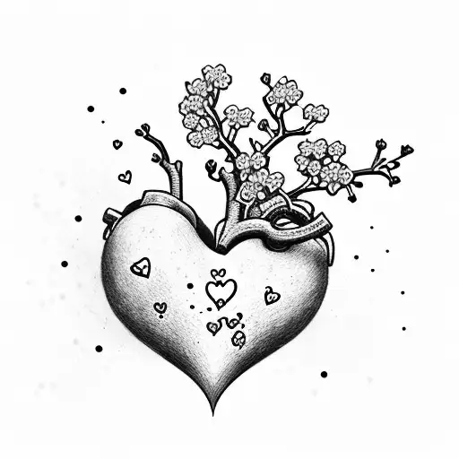 cherry blossom wrap around a heart with a songbird tattoo design idea
