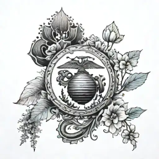 An intricate nature scene with a Marine corps symbol incorporated tattoo design idea