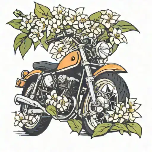 Create a tattoo design of a motorcycle riding through a field of jasmine flowers tattoo design idea