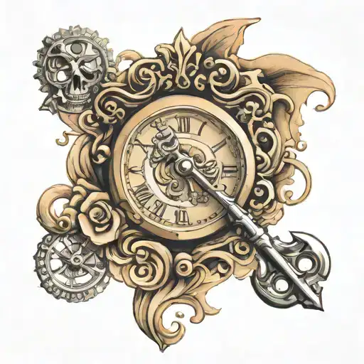 skeleton key with clock or hour glass with sand tattoo design idea