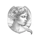 aphrodite's face surrounded by a Shell. sea sabes extended by uy with roses al the end of one side AND a dolphin ay the  tattoo design idea