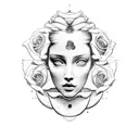 aphrodite's face surrounded by a Shell. sea sabes extended by uy with roses al the end of one side AND a dolphin ay the  tattoo design idea