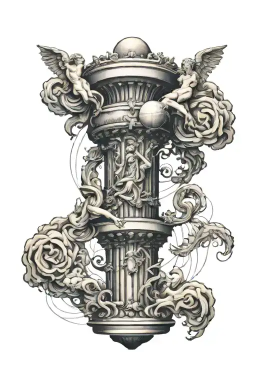 a spine tattoo of a pillar with atlas holding the world on top. the pillar is surrounded with more renaissance art.  tattoo design idea