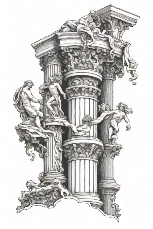 a spine tattoo of a pillar with atlas holding the world on top. the pillar is surrounded with more renaissance art.  tattoo design idea