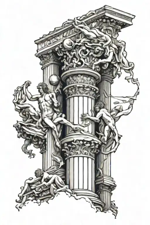 a spine tattoo of a pillar with atlas holding the world on top. the pillar is surrounded with more renaissance art.  tattoo design idea