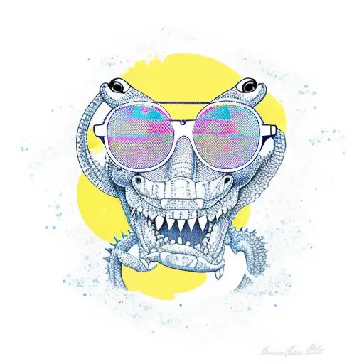 aligator drinking margarita in miami with shirt and sunglasses tattoo design idea