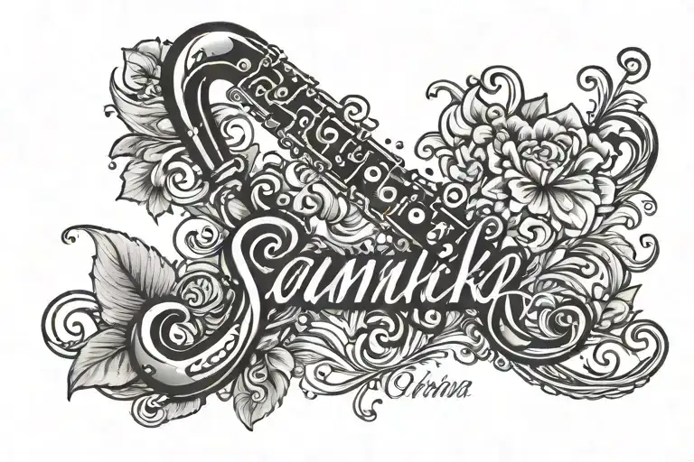 Name "Saanika" over a flute holes tattoo design idea