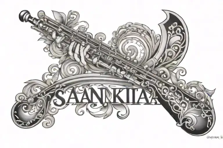 Name "Saanika" over a flute morphing tattoo design idea