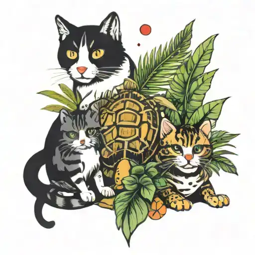 Cat, Dog and Turtle With Palm Tree tattoo design idea