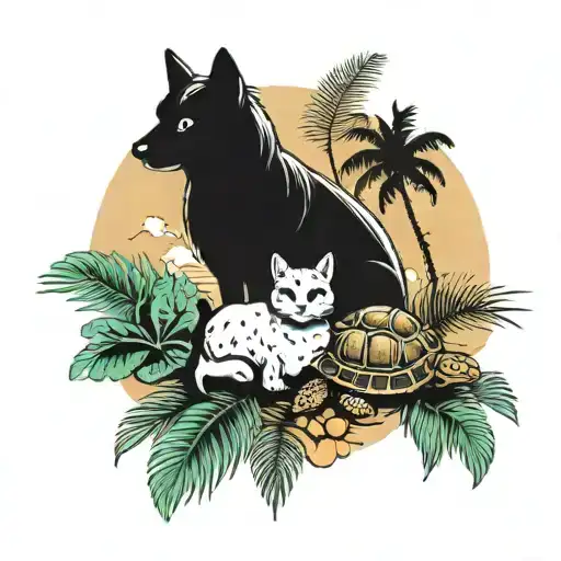 Cat, Dog and Turtle With Palm Tree tattoo design idea