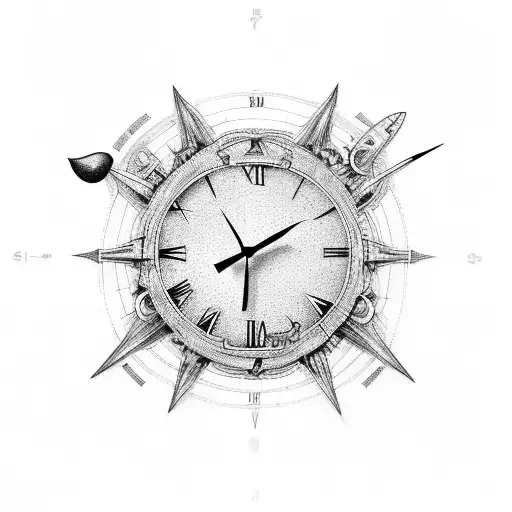 A clock tattoo with Roman digits and a vintage airplane tattoo design idea