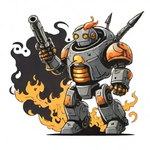 An anime-inspired ham-shaped robot sprinting through flames tattoo design idea