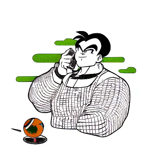 A finance-themed tattoo featuring a dragon ball z character managing money in a dotwork style tattoo design idea