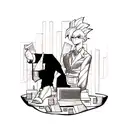 A finance-themed tattoo featuring a dragon ball z character managing money in a dotwork style tattoo design idea