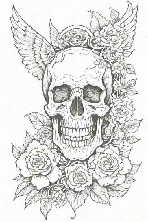 skull roses cherry blossom wings Heart résilience  tattoo design idea