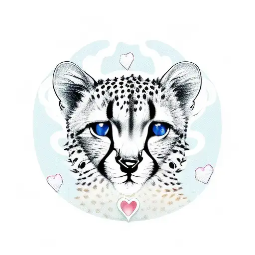 Very Cartoon style baby girl cheetah laying on side profile showing while body with head up, big eyes and 2 love hearts  tattoo design idea