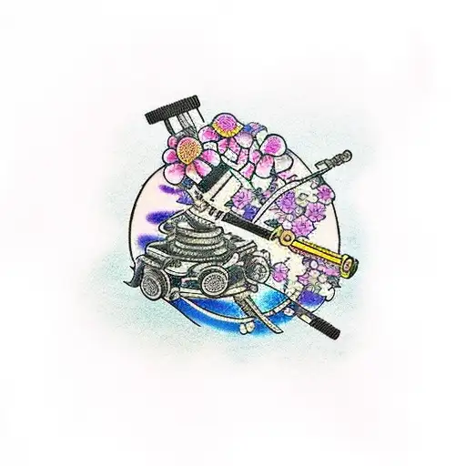Traditional Japanese art featuring a mechanic's toolbox with violet flowers tattoo design idea