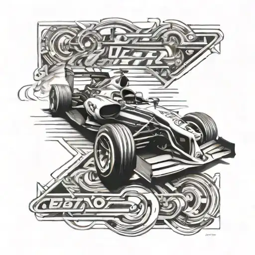 A Formula 1 racing car speeding around a track with intricate wood working details incorporated into the design tattoo design idea