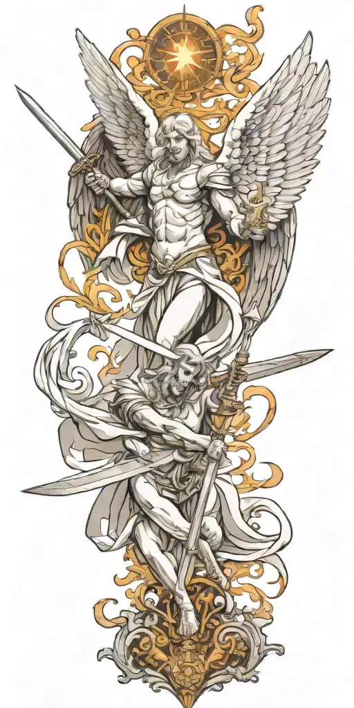 angel fighting lucifer holding sword tattoo design idea