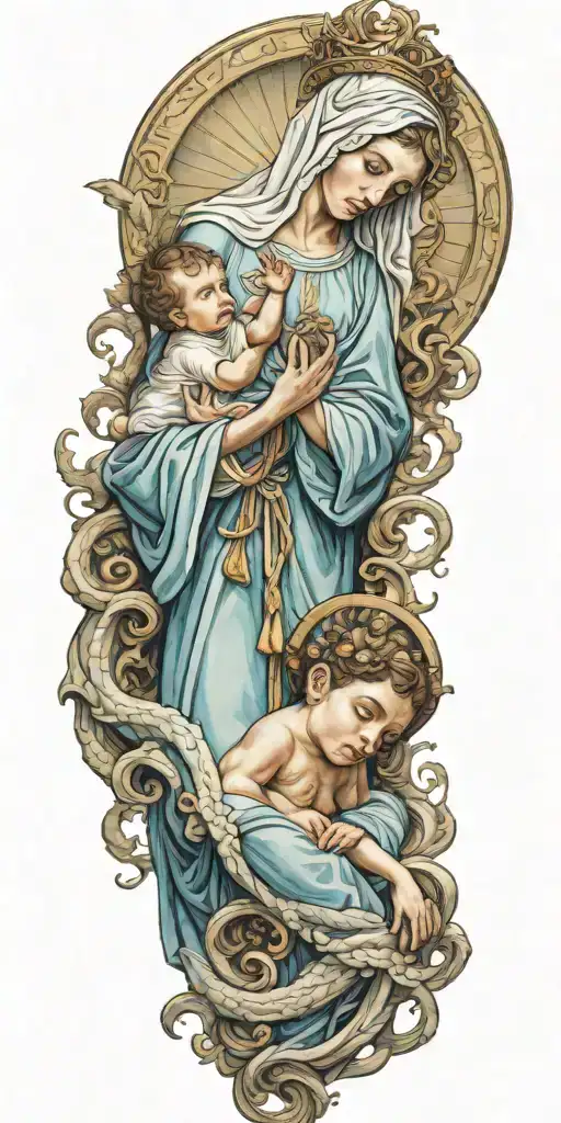 the Blessed Virgin Mary holding her son and standing on the neck of the serpent Satan  tattoo design idea