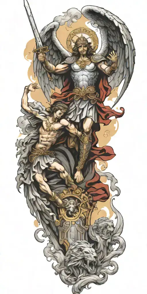 Saint Michael throwing lucifer out of heaven and down to hell tattoo design idea