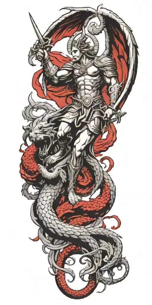 Saint Michael fighting lucifer in his red dragon form tattoo design idea
