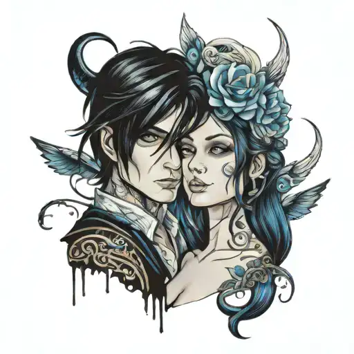 dark haired girl and blue eyed boy tattoo design idea